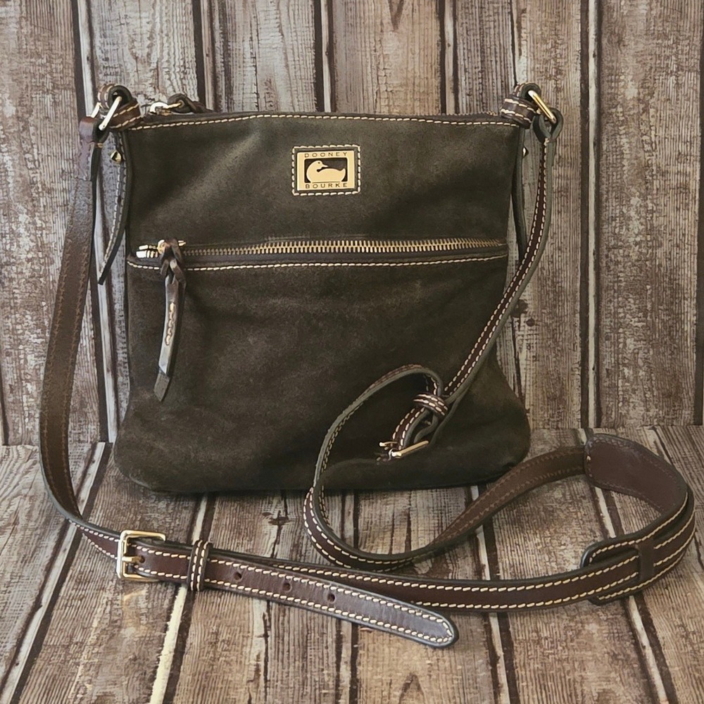 Dooney & Bourke Letter Carrier Chocolate Brown Suede Leather Trim Crossbody Bag